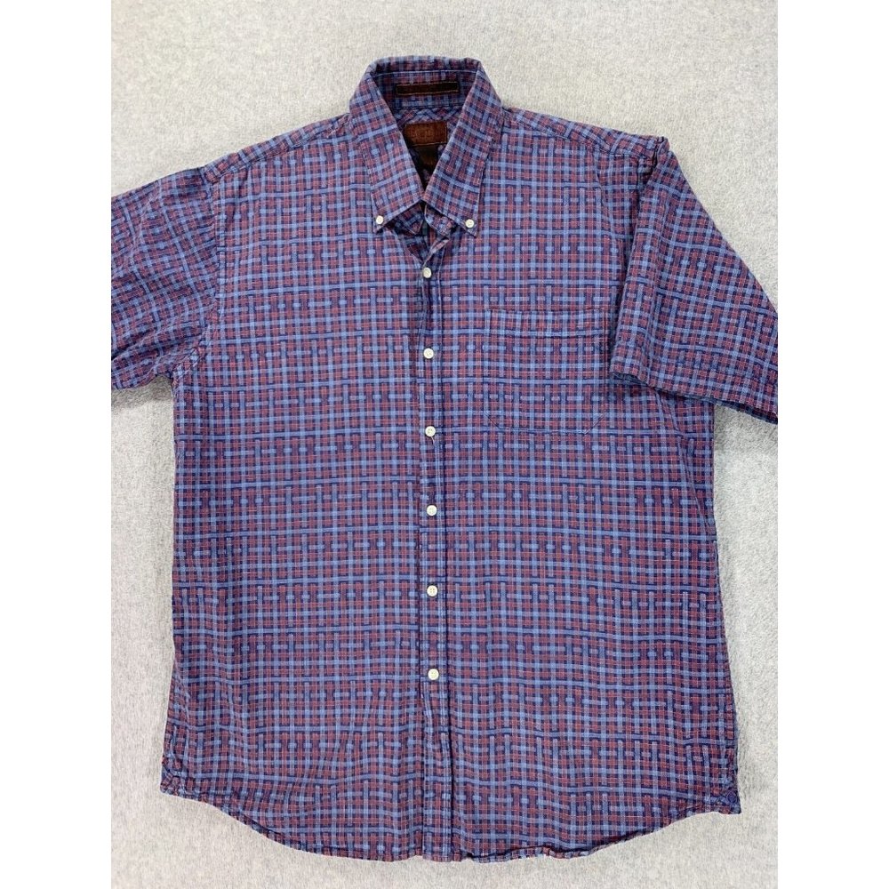 Born‎ 100% Cotton Plaid Short Sleeve Button Down Shirt (Men's XL) Blue
